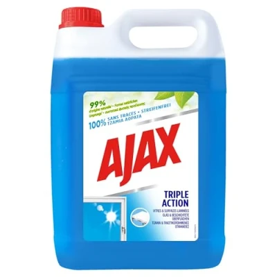 Afbeelding van Ajax Glasreiniger jerrycan 5 l voor eenvoudig bijvullen van de spuitfles, 100% streepvrij, ideaal kantoor, werking, praktijk of thuis