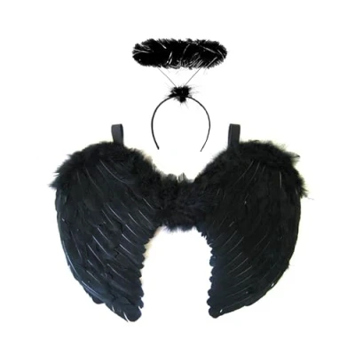 Afbeelding van Redstar Fancy Dress Donker engelenkostuum, met vleugels en diadeem aureool, zwart voor Halloween, gekostumeerd feest