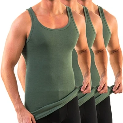 Afbeelding van HERMKO 3007 3 pack extra lang herenonderhemd (+10 cm) tank top van 100% biologisch katoen, olijfgroen, 4XL