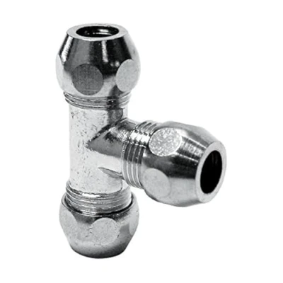 Afbeelding van Knelkoppeling T stuk met 3 knijpers 8 mm 3/8 inch Voor koperen buizen aansluiting van armaturen verchroomd
