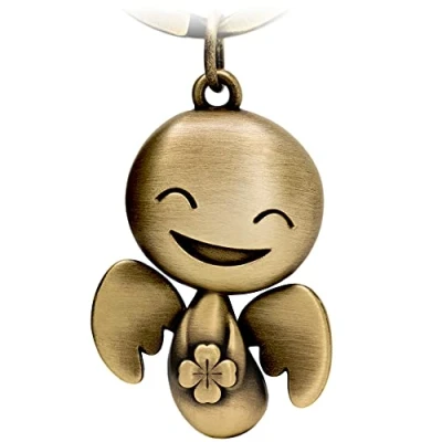 Afbeelding van FABACH Beschermengel sleutelhanger Happy met klaverblad geluksengel van metaal veel succes geluksbrenger auto engel hanger cadeau geluk, antiek brons, Eén maat, Hedendaags