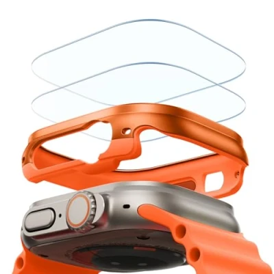 Afbeelding van ESR Beschermhoes voor Apple Watch Ultra 2/Ultra met displaybescherming 49 mm (2023/2022), militaire kwaliteit, behuizing van aluminiumlegering 2 glazen beschermers, Armorite serie, oranje