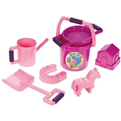 Afbeelding van Lena 05445 Happy Sand speelset pony, zandspeelgoed 7 delig voor kinderen vanaf 2 jaar, strandspeelgoed met emmer, zeef, vormpjes van een huis, paard en hoefijzer, grote zandschep oliekan, roze