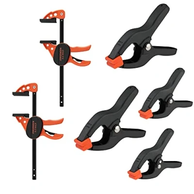 Afbeelding van JORGENSEN Professionele eenhandklem en veerklem set 6 delig met 2 schroefklemmen (spanwijdte 103 mm, rekbereik 185 mm), 4 veerklemmen (steekbreedte 25 mm/50 voor houtbewerking