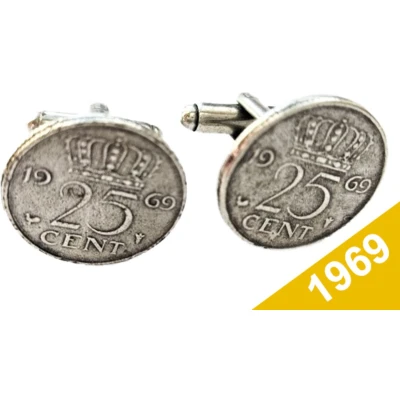 Afbeelding van Manchetknopen Kwartje 1969 Verzilverd Uniek en Stijlvol Sieraad met Jaartal Cadeau Geboortejaar Alle Jaartallen Beschikbaar Doorsnede 1,8 cm