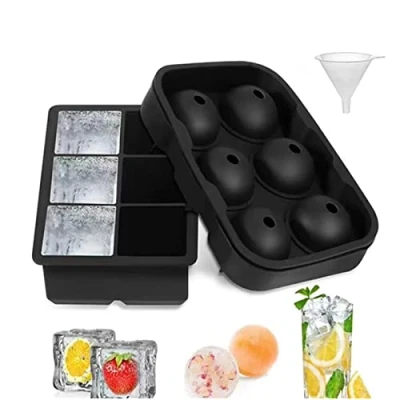 Afbeelding van Siliconen ijsblokjesbakjes (set van 2), bolvormige ijsballenmaker met deksel en grote vierkante vormen, herbruikbaar voor babyvoeding, vriezer, water, whisky, cocktail andere drankjes, zwart