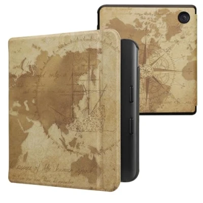Afbeelding van kwmobile E reader hoesje geschikt voor Kobo Libra Colour hoes flip case met magnetische sluiting Ereader cover Vintage Travel design in bruin / lichtbruin