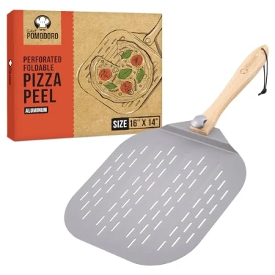 Afbeelding van Chef Pomodoro Aluminium metalen geperforeerde pizzaschil met opvouwbaar houten handvat voor eenvoudige opslag, pizzaspatel, gastronomische luxe pizzapedel het bakken van zelfgemaakt pizzabrood