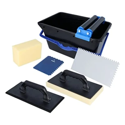 Afbeelding van HELPMATE Tegelwasset, 7 delig, 18 liter, kunststof emmer, dubbel rolopzetstuk, tegelwasplank, voegplank, gladtroffel, spons Made in Germany, 44,5 x 28 23,2 cm