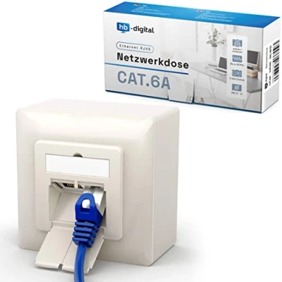 Afbeelding van hb digital 2 x CAT 6a netwerkcontactdoos voor CAT.8 CAT.7 CAT.6A CAT.6 CAT.5 installatiekabel met 2x RJ45 poort opbouw /inbouwgegevensdoos Universal EIA/TIA 568A &amp;B 8P8C Gigabit Ethernet RAL9010