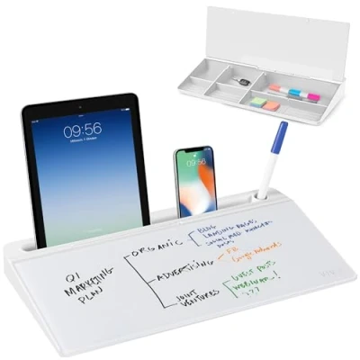 Afbeelding van VIVO Glazen 16 x 7 inch Dry Erase Board met opslag, Desktop Whiteboard Organizer verborgen compartimenten en apparaatsleuf, DESK WB16A