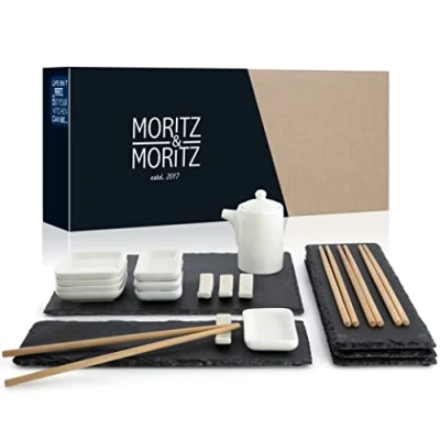 Afbeelding van Moritz &amp; 22 delige sushi serviesset voor 4 personen serveerset met x borden, 1 serveerschaal, dip schaaltjes, 8 staafjes en nog veel meer.