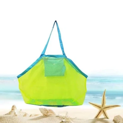 Afbeelding van BornFeel Grote mesh strandtas voor speelgoed zand weg draagtas met rits kind zwembad reizen zandschoenen natte handdoeken 45,7 x 30,5 cm groen blauwe bandjes