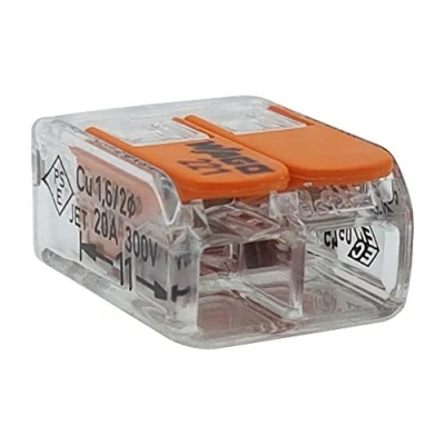 Afbeelding van 50 stuks WAGO klemmen 221 412 verbindingsklemmen 2 geleiders met bedieningshendel 0,2 4 mm² kleine bouwvorm, transparant
