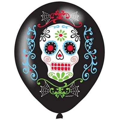 Afbeelding van 6x Zwarte horror ballonnen Day of the dead sugarskull print 27,5 cm Halloween ballon decoratie en versiering