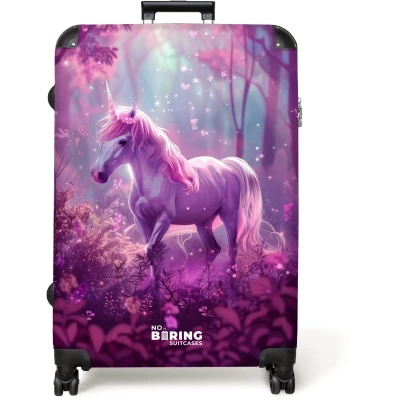 Afbeelding van NoBoringSuitcases.com® Koffer groot Reiskoffer lichtgewicht Eenhoorn omringd door de paarse natuur Rolkoffer met 4 wielen Grote trolley XL 98 liter bagage
