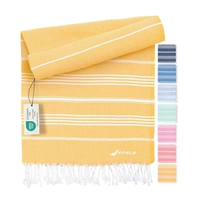 Afbeelding van Fit Flip Hamamdoek Strandhanddoek XXL van 100% gerecycled katoen sneldrogend strandlaken, fouta, pestemal Turkse handdoek ideaal als hamam saunahanddoek en sarong Honing 100x200cm Sultan