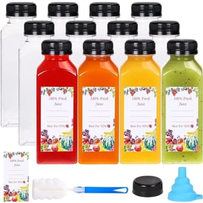 Afbeelding van KAHEIGN 12 stuks plastic sapflessen met sabotagedoppen, oz/360 ml lege doorzichtige sapdrankcontainers, herbruikbare waterflessen deksels, etiket, trechter en borstel voor zelfgemaakte