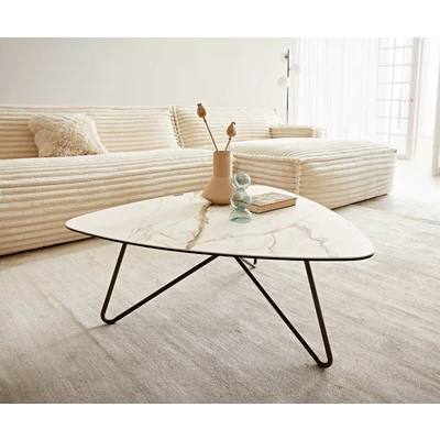 Afbeelding van DELIFE Salontafel Ekrem 88x85 cm keramiek Calacatta Luxe wit goud grijs kruisvoet rond metaal effect afwerking titanium