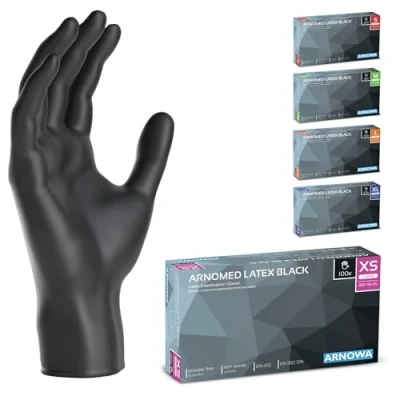 Afbeelding van ARNOMED Latex wegwerphandschoenen XS, zwart, poedervrij, 100 stuks, handschoenen voor eenmalig gebruik, verkrijgbaar in maat S, M, L &amp; XL