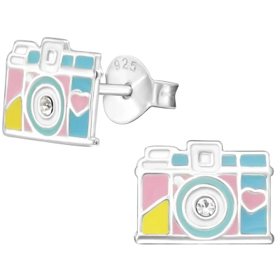 Afbeelding van JoyS Zilveren camera oorbellen 9 x 7 mm fotocamera pastel kleurtjes oorknoppen