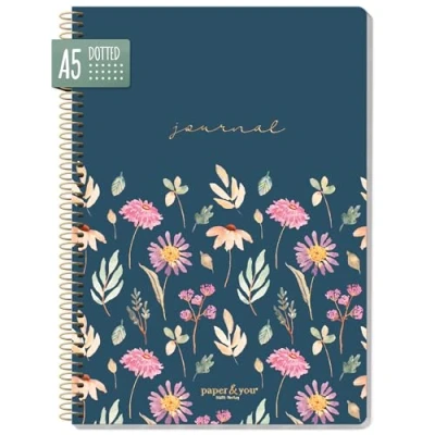 Afbeelding van paper&amp;you® Bullet Journal gestippeld A5 met spiraalbinding &quot;Flying Flowers&quot; 160 pagina&#039;s, notitieboek spiraal, collegeblok, spiraalblok, notitieblok duurzaam &amp; klimaatvriendelijk
