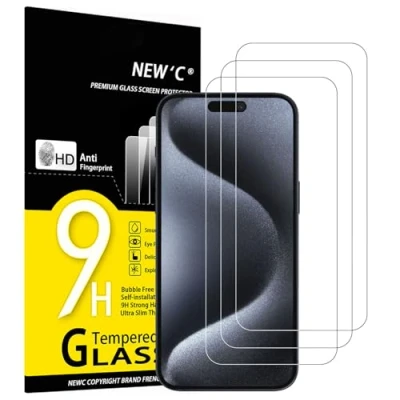 Afbeelding van NEW&#039;C Displaybeschermfolie van gehard glas voor iPhone 15 Plus/15 Pro Max (6,7 inch), zonder luchtbellen, zeer robuust (0,33 mm HD ultra transparant), hardheid 9H, 3 stuks