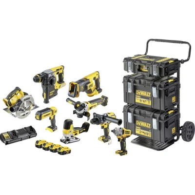 Afbeelding van DEWALT DCK856P4 QW Gereedschapsset Accu klop/schroefmachine, slagmoersleutel, combihamer, Haakse accuslijper, reciprozaag,