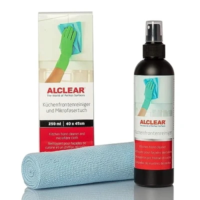 Afbeelding van ALCLEAR 721KR Keukenfrontenreiniger, 250 ml, met professionele microvezeldoek, reinigt hoogglans gelakte keukens, streepvrij, tegen vuil, vingerafdrukken en vet, zwart/blauw, 1 stuk (1 stuks)