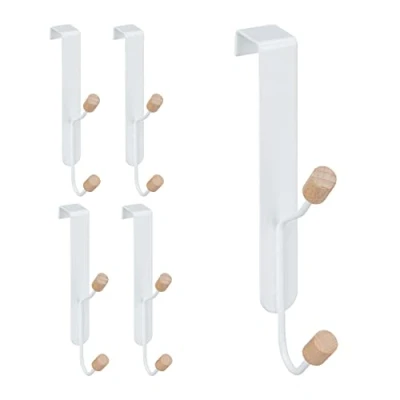 Afbeelding van Relaxdays deurhaken set van 5, Scandinavisch, dubbele haak, ijzer &amp; hout, deurkapstok HxBxD: 16 x 2 7 cm, wit/naturel