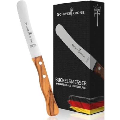 Afbeelding van Schwertkrone Buckelmes met gekartelde rand en olijfhout het Bergische ontbijtmes Made in Germany broodmes