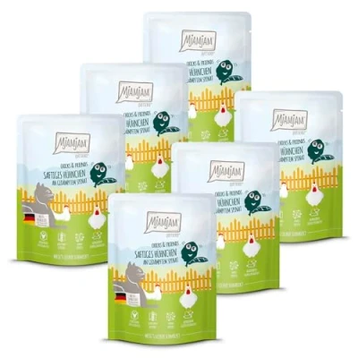 Afbeelding van MjAMjAM Premium natvoer voor katten Quetschie Chicks &amp; Friends sappige kip met gestoomde spinazie, 6 verpakking (6 x 300g), graanvrij