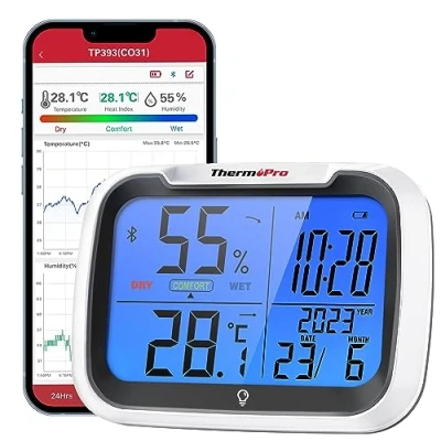 Afbeelding van ThermoPro TP393B Binnenthermometer met klok voor thuis, automatische gegevenssynchronisatie via Bluetooth, achtergrondverlichting slaapkamer, kantoor