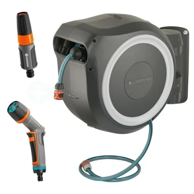 Afbeelding van GARDENA wandslangenbox RollUp L (wit) 30 m: met ecoPulse spuit, zwenkbare slangenbox, geïntegreerde slanggeleider, incl. m kwaliteitsslang en montagegereedschap