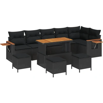 Afbeelding van vidaXL 10 delige Tuinsofa Set met Kussens Zwart Poly Rattan Acacia