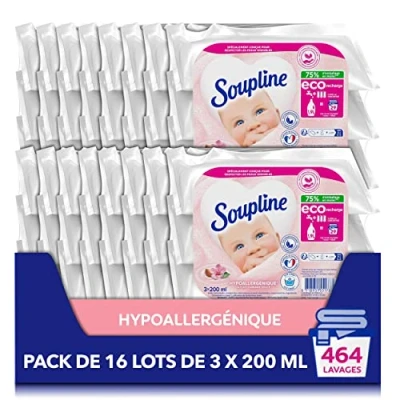 Afbeelding van Soupline Hypoallergeen wasverzachter Eco navullingen Actieve koude formule 92% ingrediënten van natuurlijke oorsprong 16 verpakkingen 3 x 200 ml