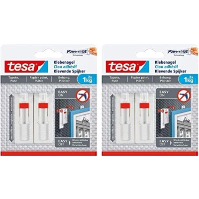 Afbeelding van Tesa Powerstrips Klevende spijkers, verstelbaar, voor op behang en pleisterwerk, zelfklevend, 4 spijkers (1 kg)