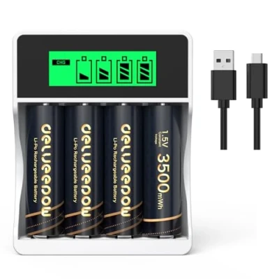 Afbeelding van Delyeepow Oplaadbare AA batterij Lithium 1,5V 3500mWh met oplader, 1500 cycli batterijen 4 stuks, 2 uur snel opladen