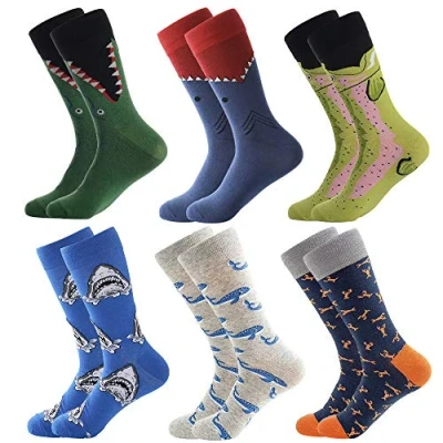 Afbeelding van Kleurrijke Fun kledingsokken Voor Heren, Funky Sokken Mannen, Fancy Nieuwigheid Grappig Patroon Casual Gekamde Katoenen Kantoorsokken, Coole Gekke Halverwege de Kuit Uniek en Opvallend (6 Pairs Shark 2)