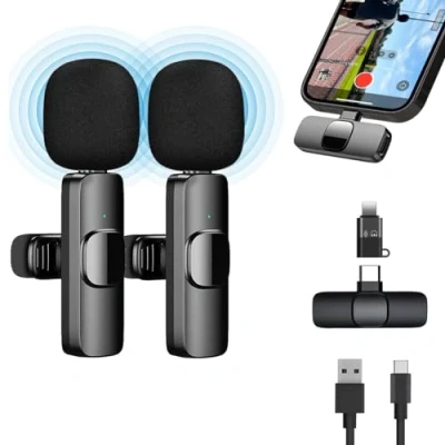 Afbeelding van ICOVERI Draadloze microfoon voor iPhone, Android, iPad, plug &amp; play, 2 professionele microfoons, draagbaar, video opname, YouTube, Twitch, TikTok, vlog, podcast, live opname.