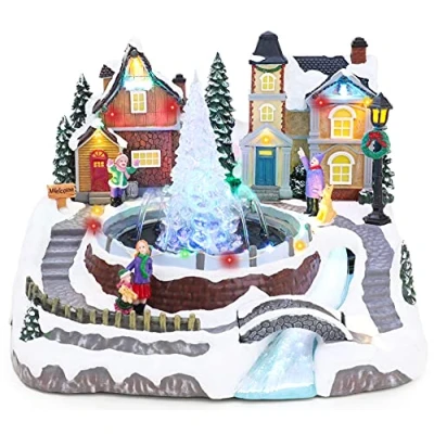 Afbeelding van Christmas Concepts® 27 cm LED verlichte dorpsscène met echte waterfontein en muziek Werkt op batterijen Kerstdorp