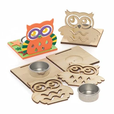 Afbeelding van Baker Ross FE642 Uil houten theelicht set Pak van 4, Theelichthouder om te Versieren en Tentoon Stellen, Ideaal Kinder Knutselproject.,geassorteerd