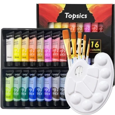 Afbeelding van Topsics Acrylverfset, 16 tubes 36 ml, acrylverf, knutselverfset met penselen en 1 mengpalet, niet giftige acrylverfset voor beginners