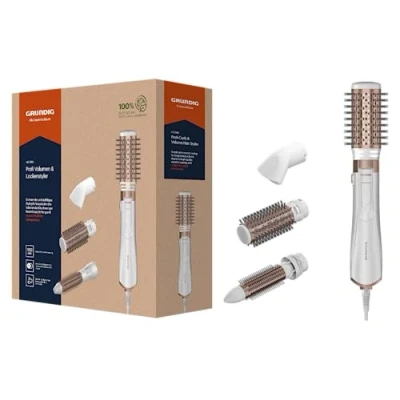 Afbeelding van GRUNDIG HS 7280 volume en krultang, 1200 W, ionic functie, 4 stylingopzetstukken, hoogwaardige keramische coating, 2 temperatuur luchtstroomniveaus, koude stand, voor alle haarlengtes, goud/wit