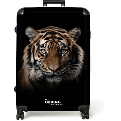Afbeelding van NoBoringSuitcases.com® Koffer groot Reiskoffer lichtgewicht Tijger portret met zwarte achtergrond Rolkoffer 4 wielen Grote trolley XL 98 liter bagage