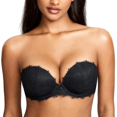 Afbeelding van DOBREVA Vrouwen Strapless Push Up BH Kant Diepe Hals Wired Gewatteerd met Verwijderbare Riemen zwart 70B