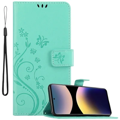 Afbeelding van Cadorabo Hoesje geschikt voor Xiaomi RedMi Note 14 Pro 4G in BLOEMEN TURKOOIS Beschermhoes bloemmotief met magnetische sluiting, standfunctie en kaartsleuven Book Case Cover Etui