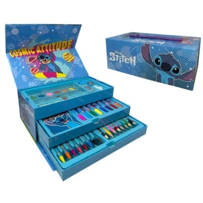 Afbeelding van CARTOON Gekleurde koffer voor kinderen, Stitch en Angel Disney set, 52 stuks, kleuren schrijfwaren, doos met laden, teken schilderset