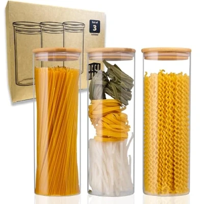 Afbeelding van Deco Haus® Voorraadpotten met Deksel 3 Set 1950ml Voor Spaghetti + Etiketten [LUCHTDICHT] Muesli, Cornflakes, bloem Glazen Voorraaddozen Keuken Opbergbox Bewaarglas