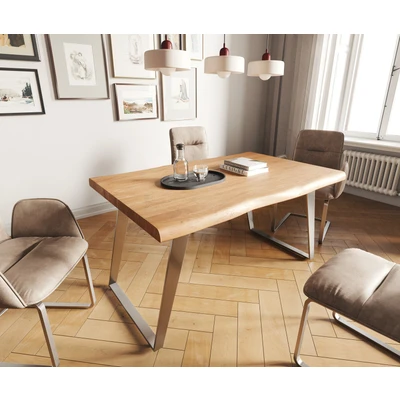 Afbeelding van Massief houten tafel Live Edge acacia natuur 140x90 Top 5 cm RVS schuine boomtafel